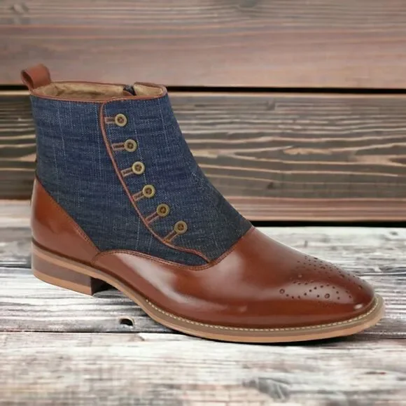 MEN'S GIOVANNI KENDRICK WHISKEY/DENIM LEATHER DRESS BOOT WITH WOOL FELT ACCENTS. - Picture 1 of 2